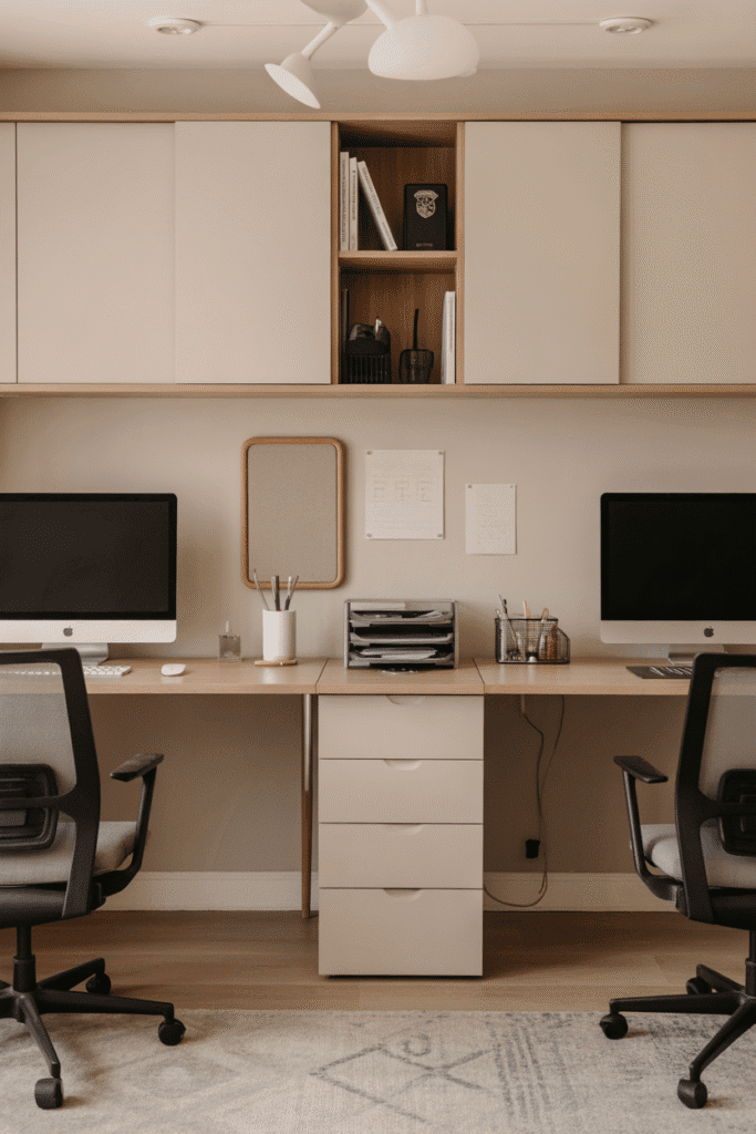 Shared storage cabinet placed between two desks in a dual workspace.