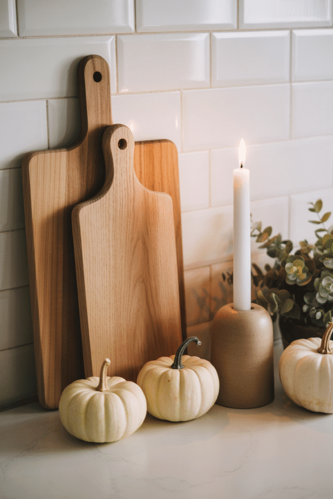 Rustic wood accents paired with neutral decor elements elevate the fall aesthetic.