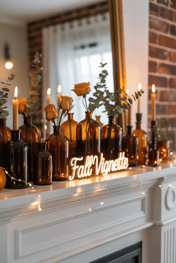 Amber glass and warm lighting create a cozy, inviting autumn ambiance.
