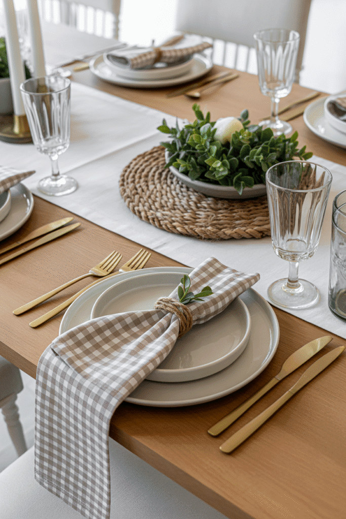 Muted plaid linens add soft seasonal pattern to a neutral fall tablescape.