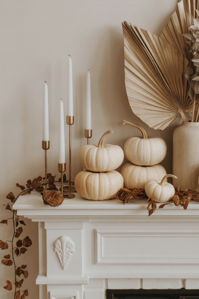 A monochromatic fall mantel in neutral tones offers calm, elegant seasonal styling.