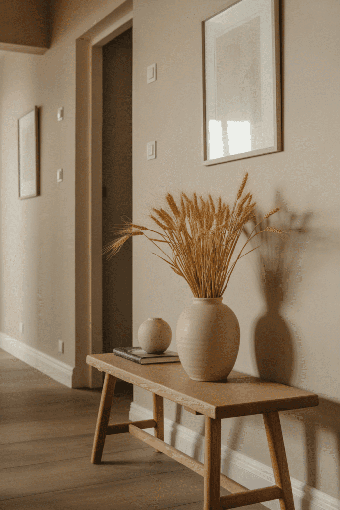 Wheat and corn husk bundles bring a natural harvest feel to neutral fall interiors.