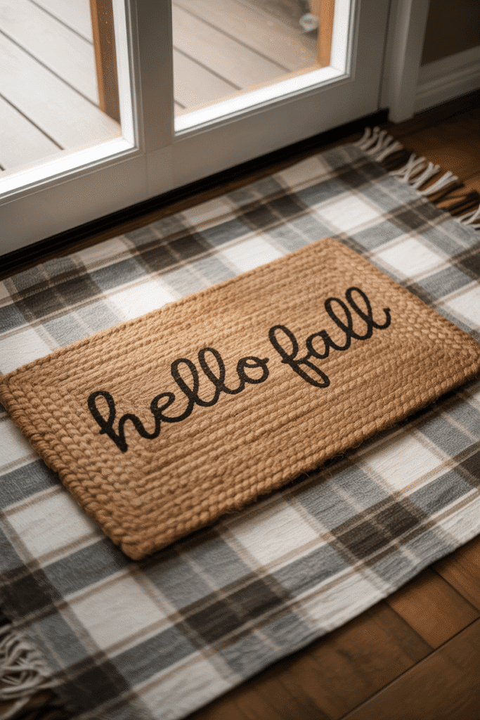 A neutral fall doormat sets the tone for a cozy, minimalist seasonal entry.