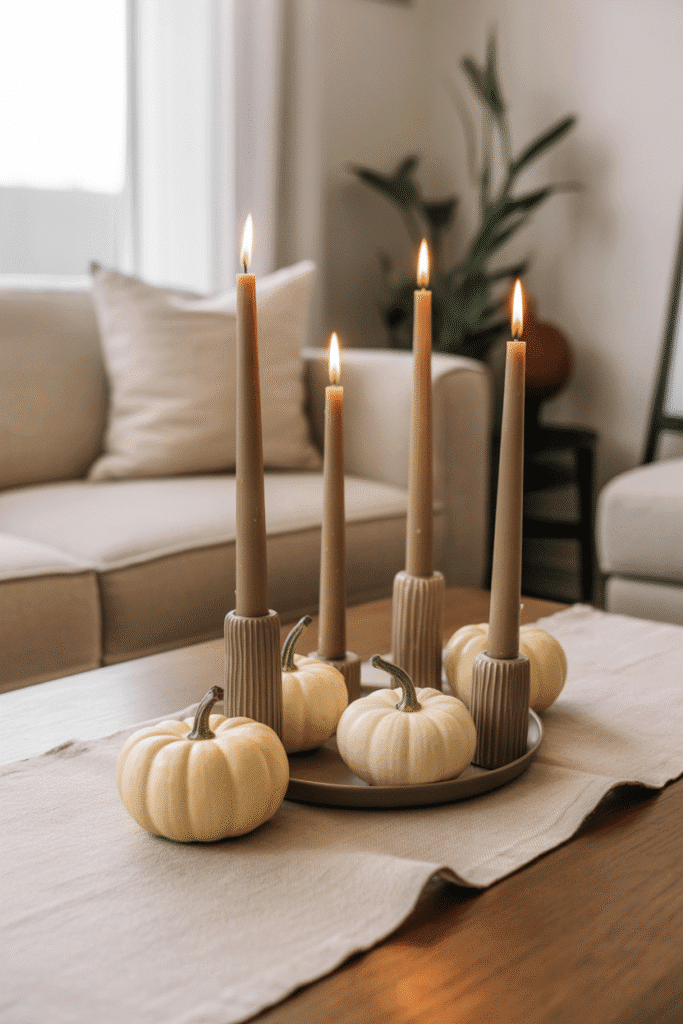 Beige candles add warmth and elegance to fall decor without overwhelming color.