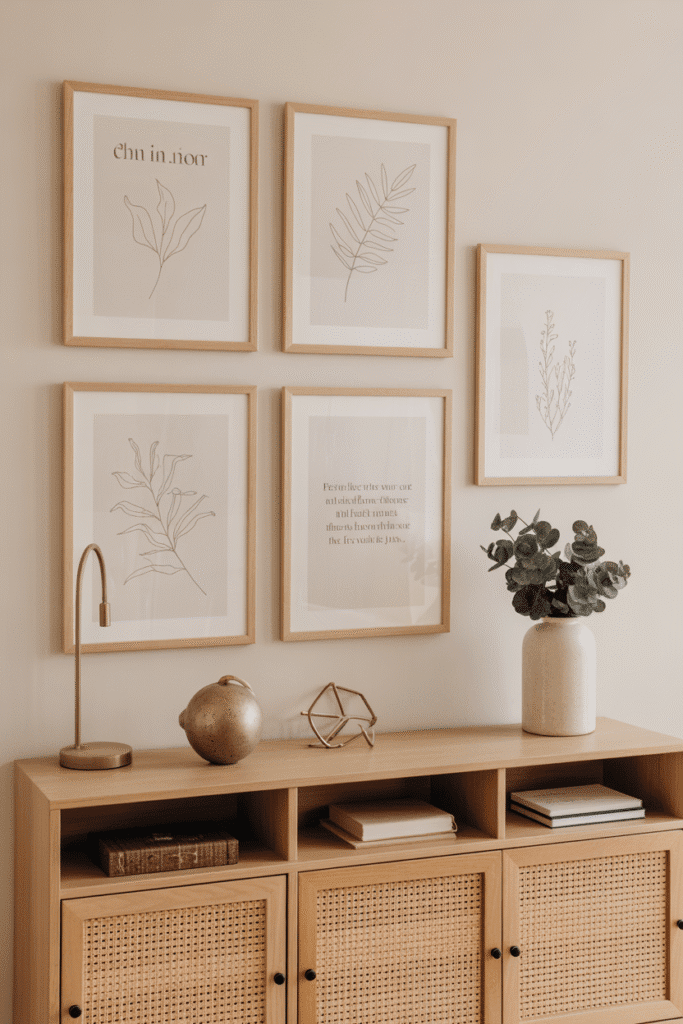 Framed neutral autumn art adds a subtle seasonal touch to walls and shelves.