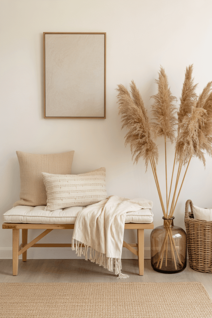 Scandinavian entryway styled with neutral textures and soft fall accents.