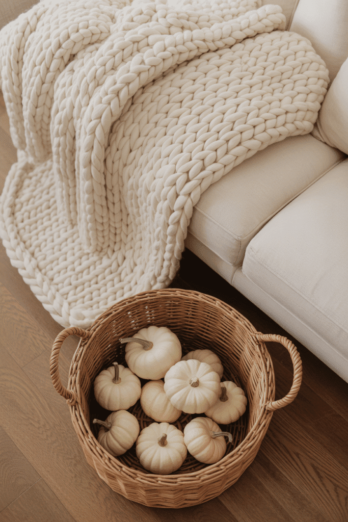 Woven baskets filled with cozy layers bring texture and function to fall home decor.