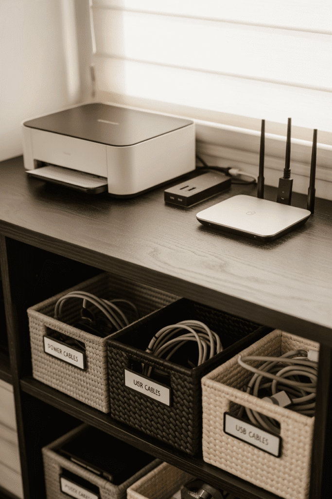 Centralized tech hub in a shared home office keeps devices organized.