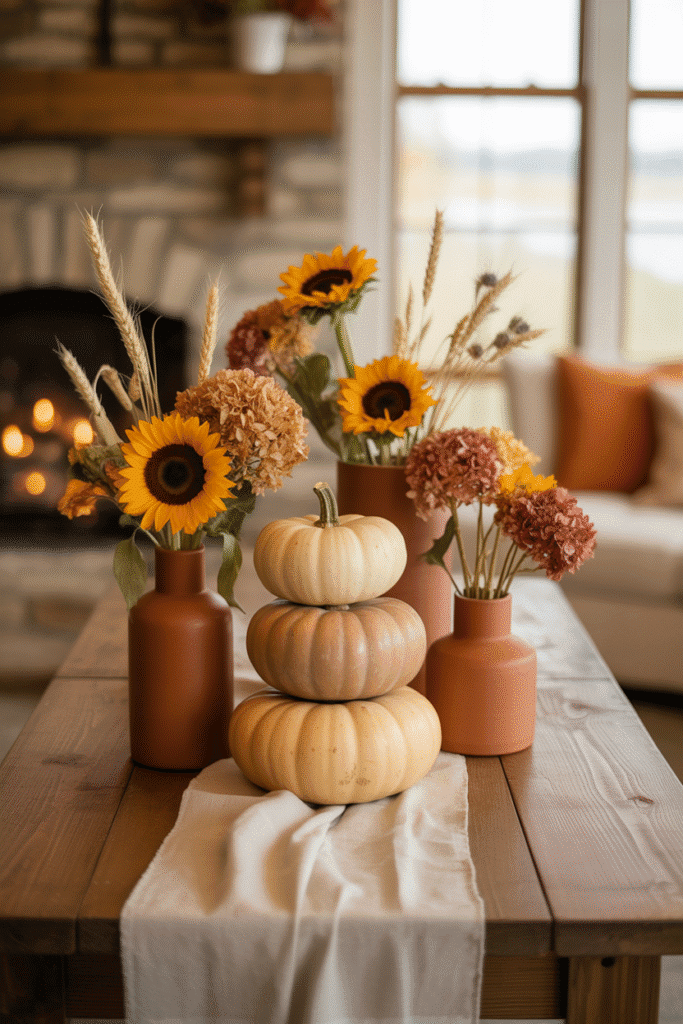 Neutral fall centerpiece with terracotta and dried florals brings understated seasonal beauty to the dining table.