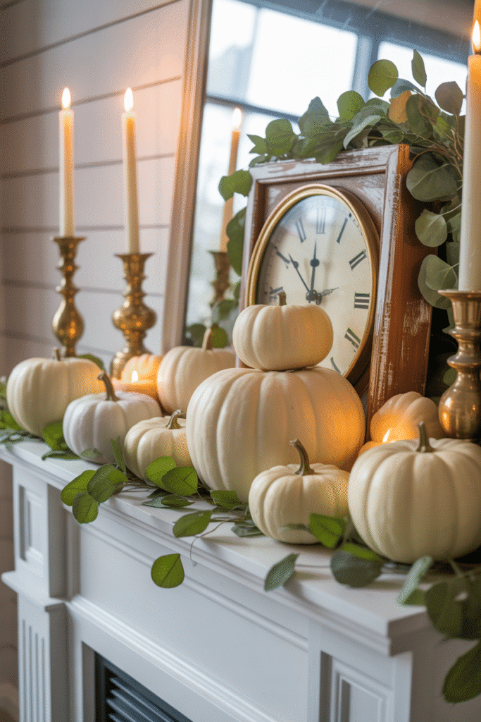 As a part of fall mantle ideas this picture shows cream and white pumpkins styled with brass candlesticks on a cozy fall fireplace mantle.