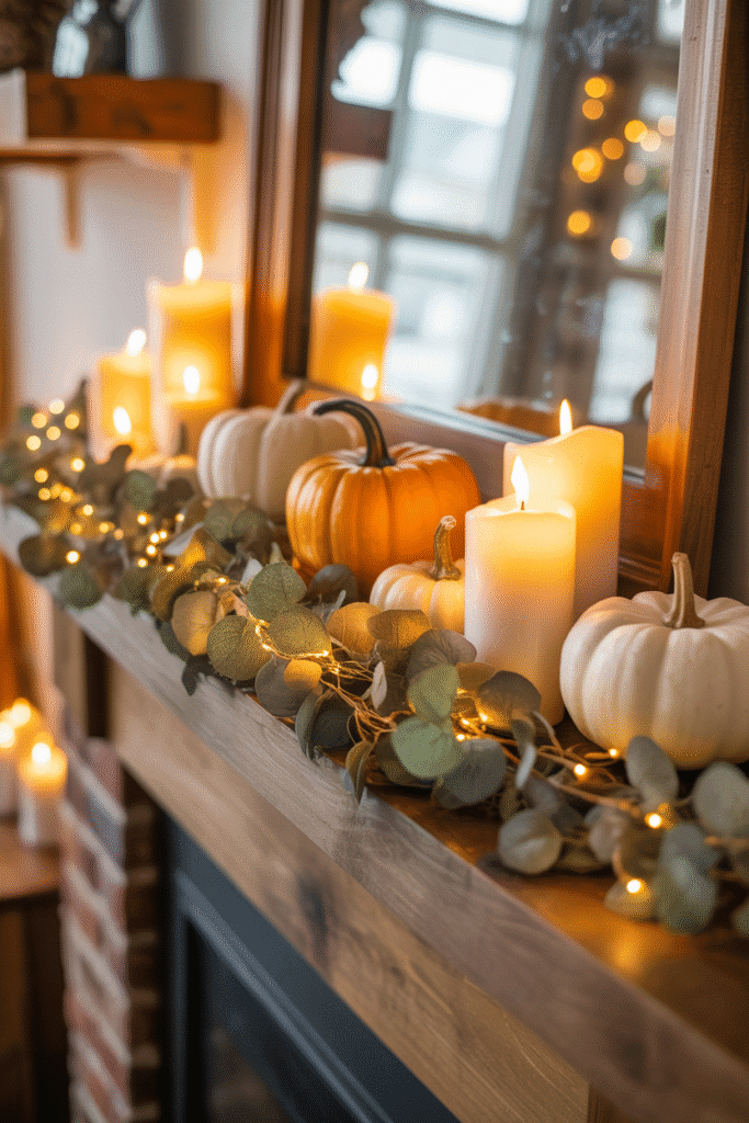Twinkle lights and garland add warmth and whimsy to a seasonal mantle display.