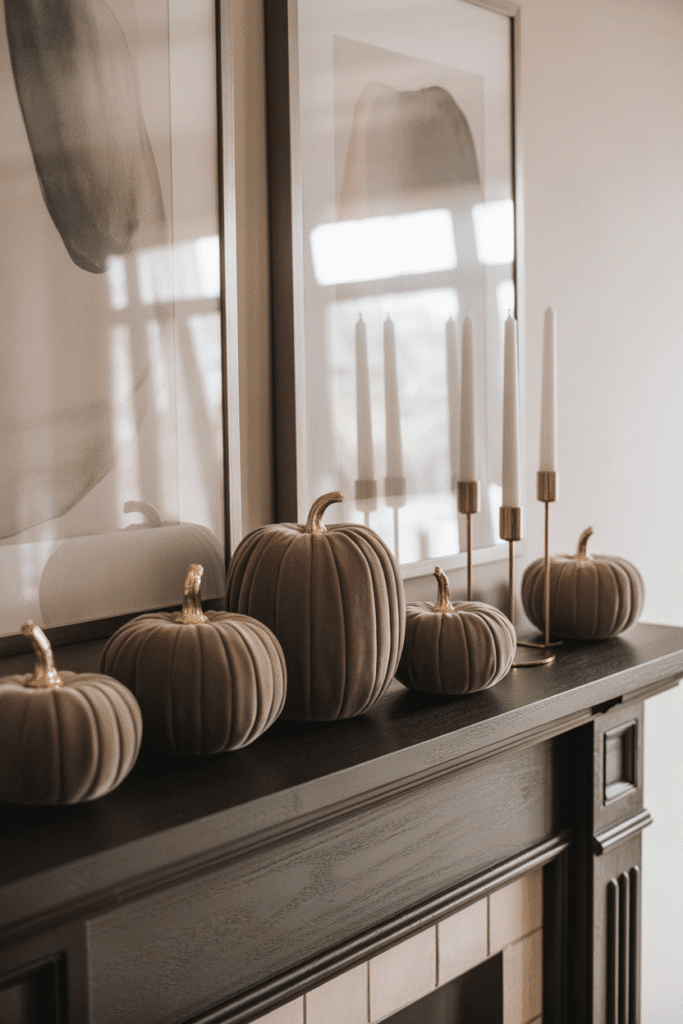 Velvet pumpkins and taper candles add soft texture and elegance to fall mantle decor.