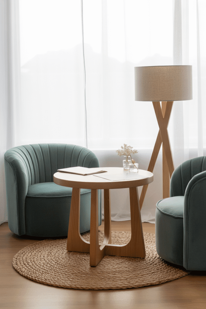 Brainstorming nook with table and seating adds function to a shared office.