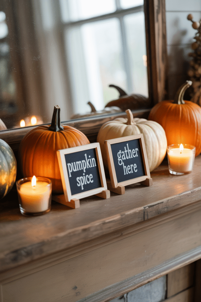 Mini chalkboard fall signs bring charm and personality to seasonal mantle decor.