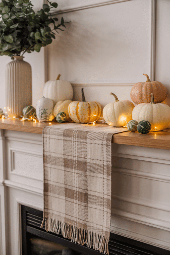 Soft plaid runner adds texture and warmth to a fall mantle.