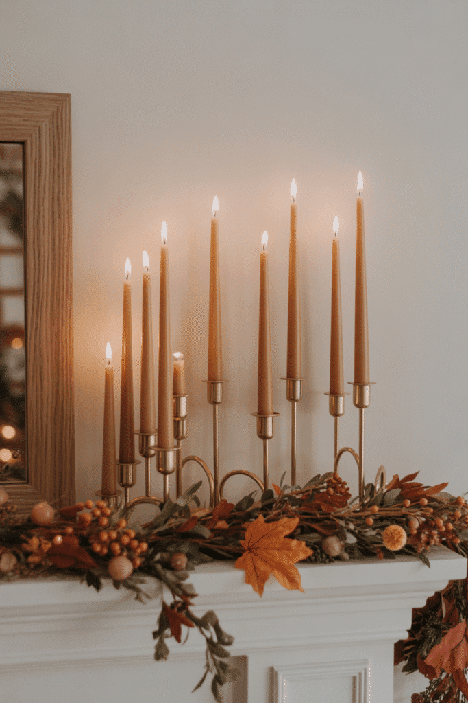 Mixed-height taper candles create visual interest and elegance on a fall mantle.