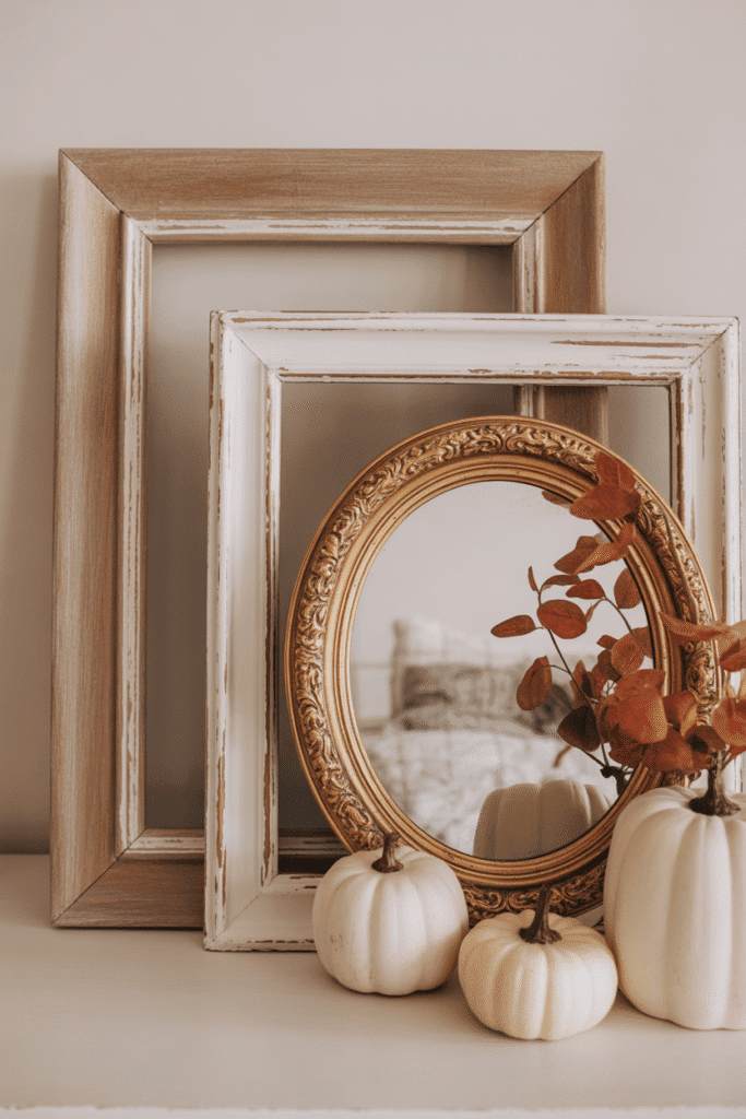 Layered frames add depth and dimension to a seasonal fall mantle.