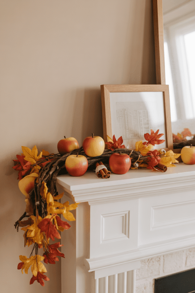 Apples and cinnamon bring harvest charm to fall kitchen or dining room mantles.