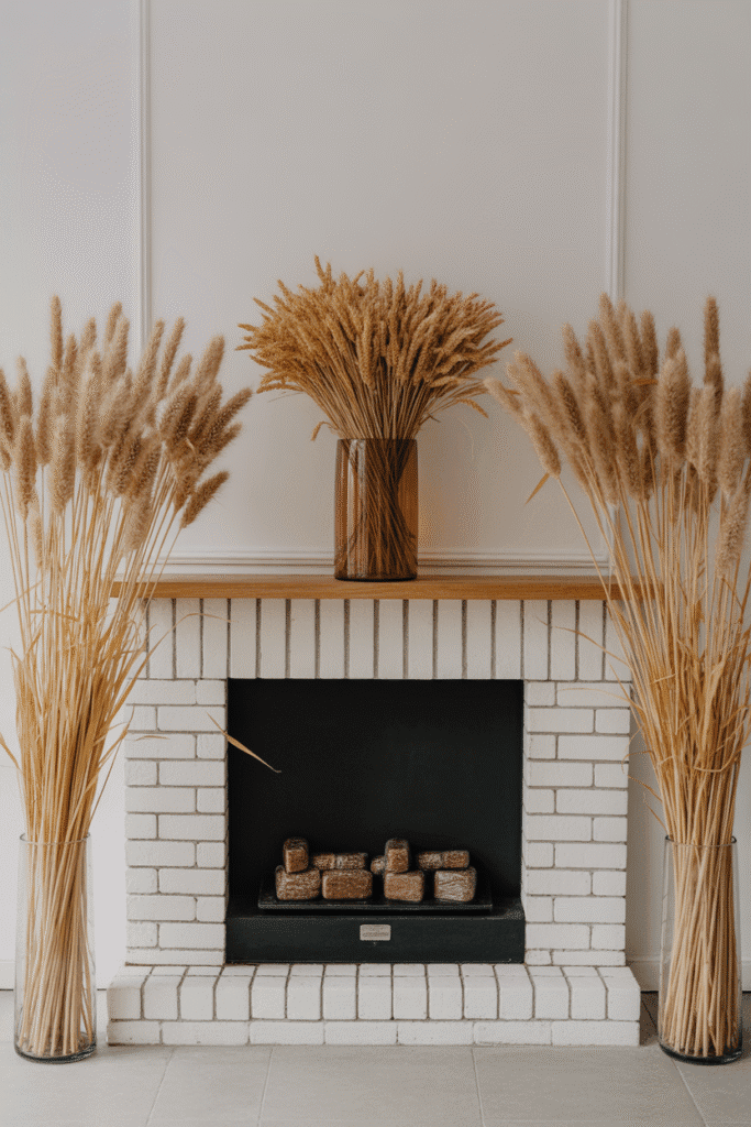 Dried wheat and grass bundles offer natural height and harvest-inspired charm.