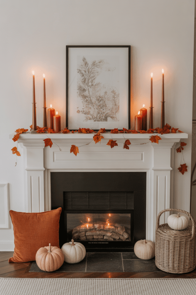 Rust tones add rich warmth to soft-toned fall mantle decor.