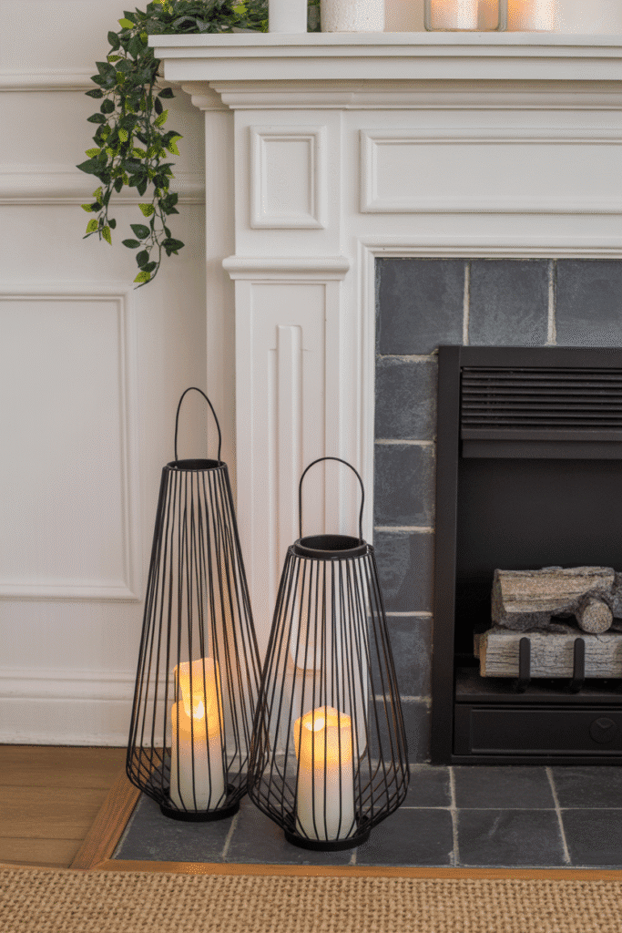 Lanterns add a warm glow and cozy feel to the base of a fall mantle.