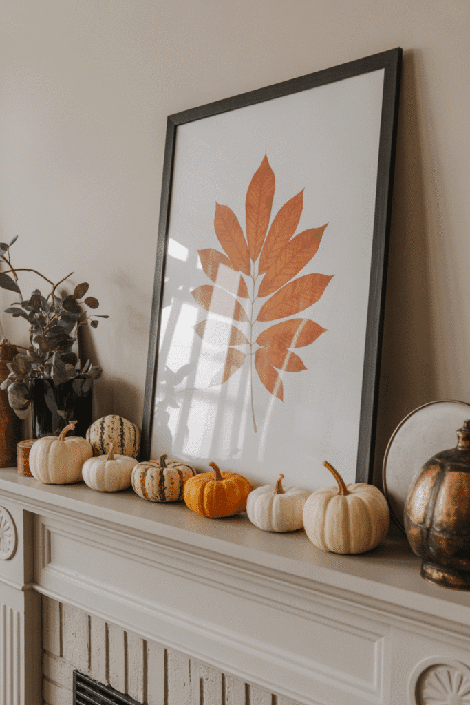 Seasonal art print adds a curated, thoughtful touch to fall mantle design.