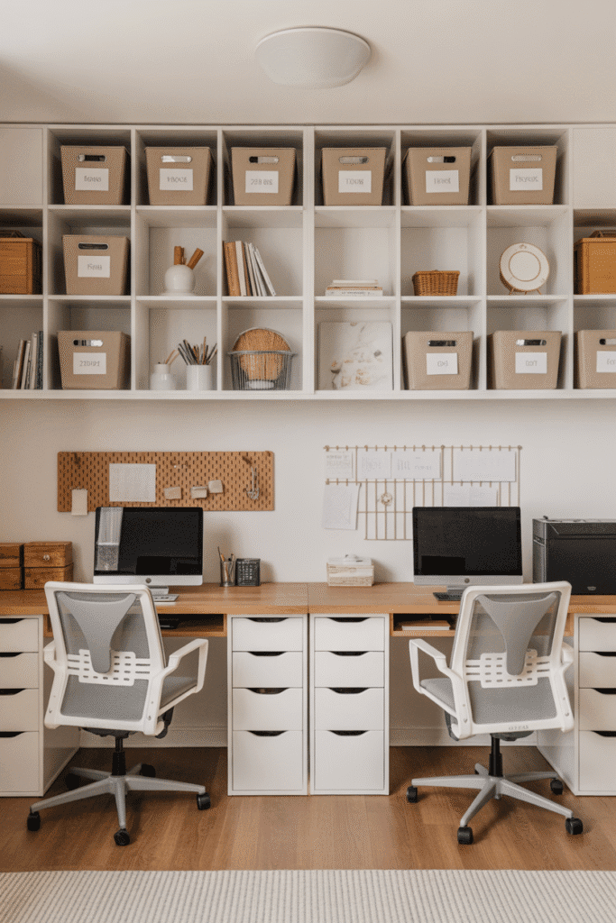 Labeled storage and regular tidying keep a shared workspace clean and efficient.