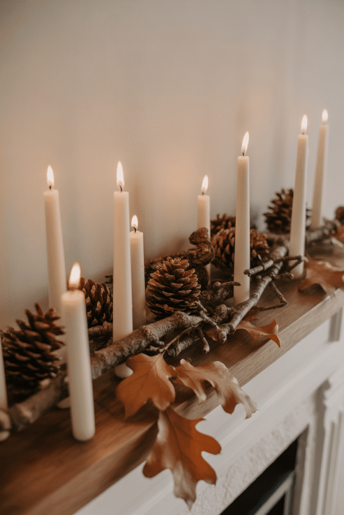 Nature elements like pinecones and twigs create an organic fall mantle look.