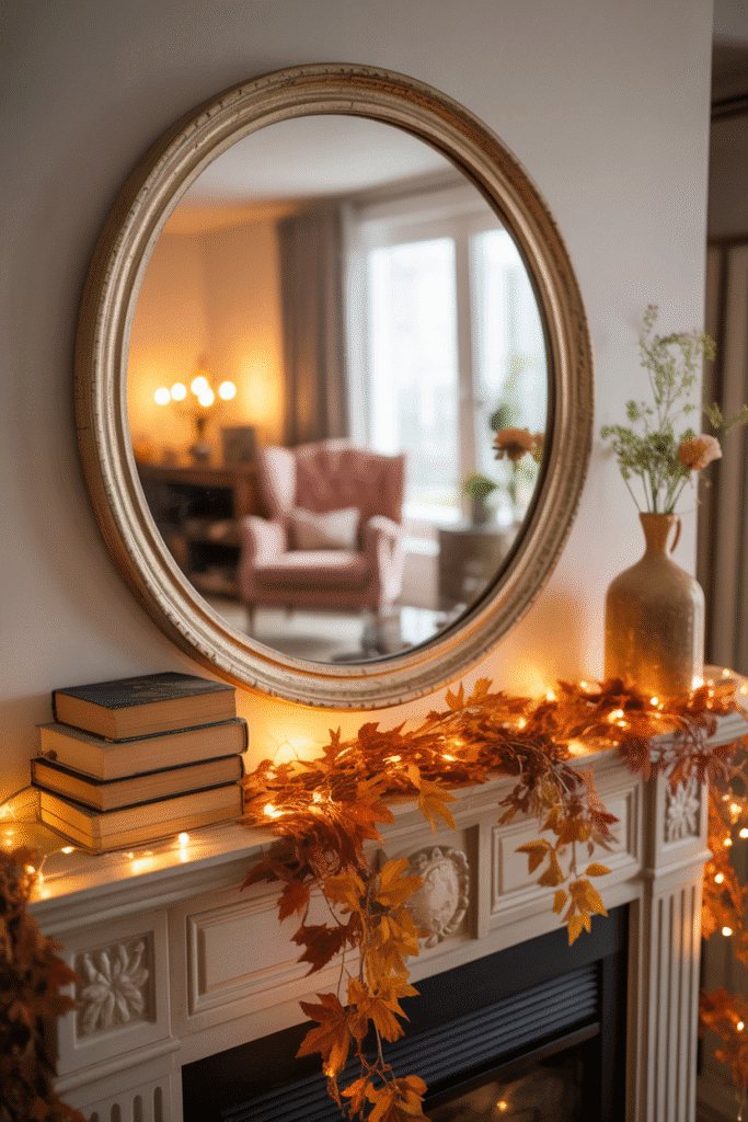 Mirror and fall garland combo reflects light and adds depth to seasonal decor.