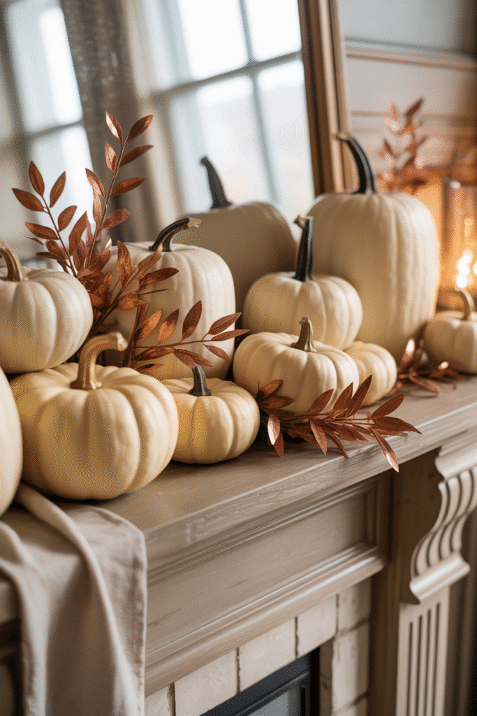 Neutral base with one accent color keeps fall mantle decor cohesive.
