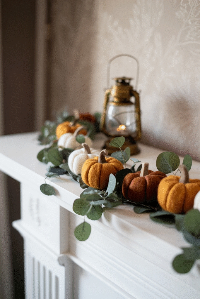 Mini pumpkin garland adds fun and whimsy to cozy fall mantle displays.