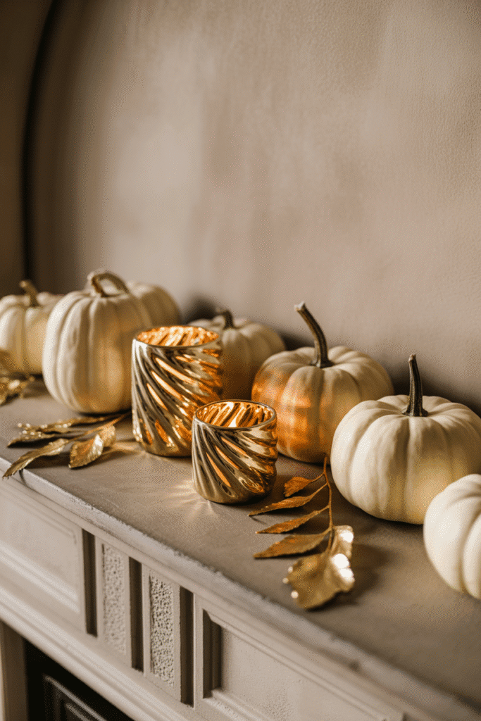 Touches of gold elevate the elegance of neutral fall mantle decor.