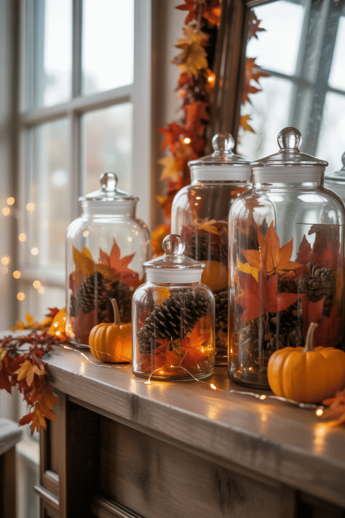 Clear glass jars allow textures and autumn elements to shine through.