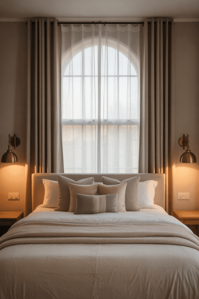 Cozy bedroom layout with bed placed under one window and dressed with curtains and ambient lighting.