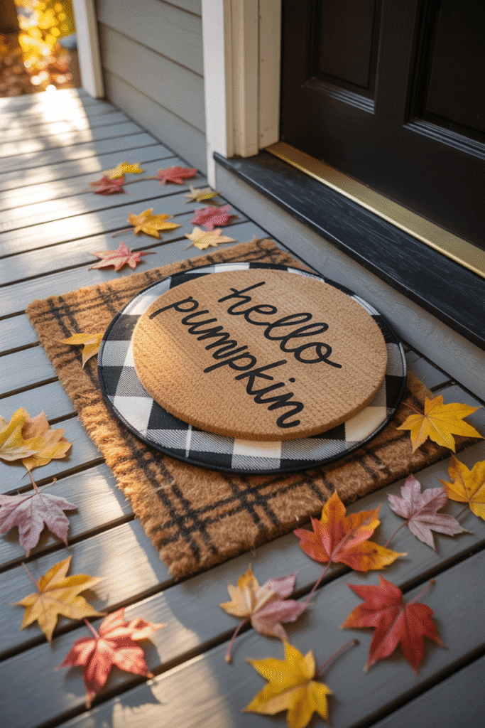 As a part of fall front porch ideas this picture shows layered fall doormats with seasonal sayings create a warm, welcoming entrance.