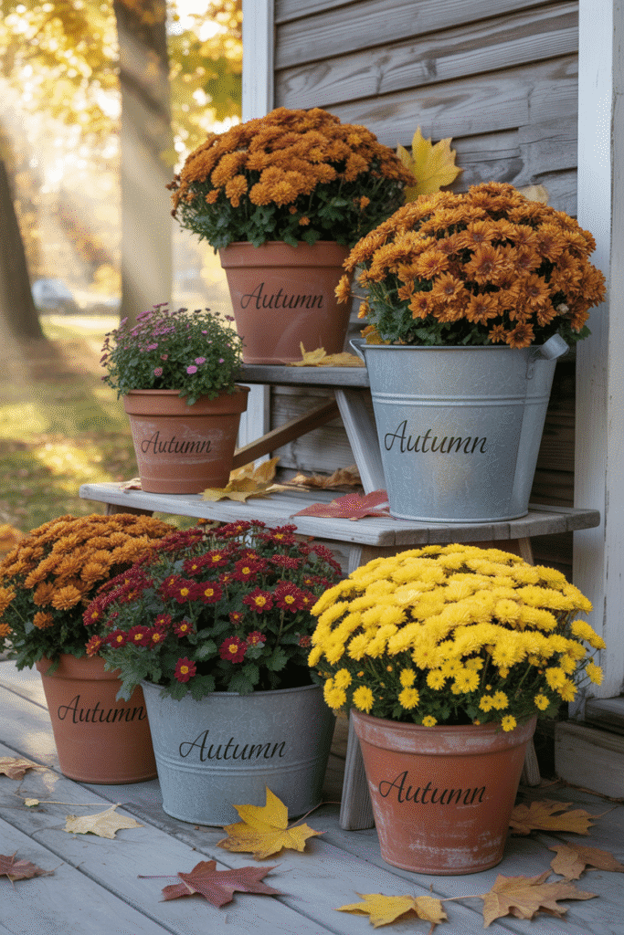 Colorful potted mums bring vibrant seasonal color to a fall porch.