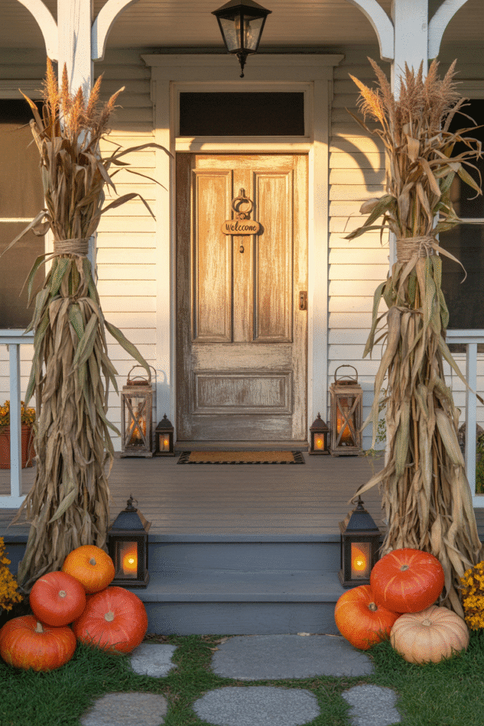 Cornstalks add rustic texture and vertical interest to fall front porch decor.