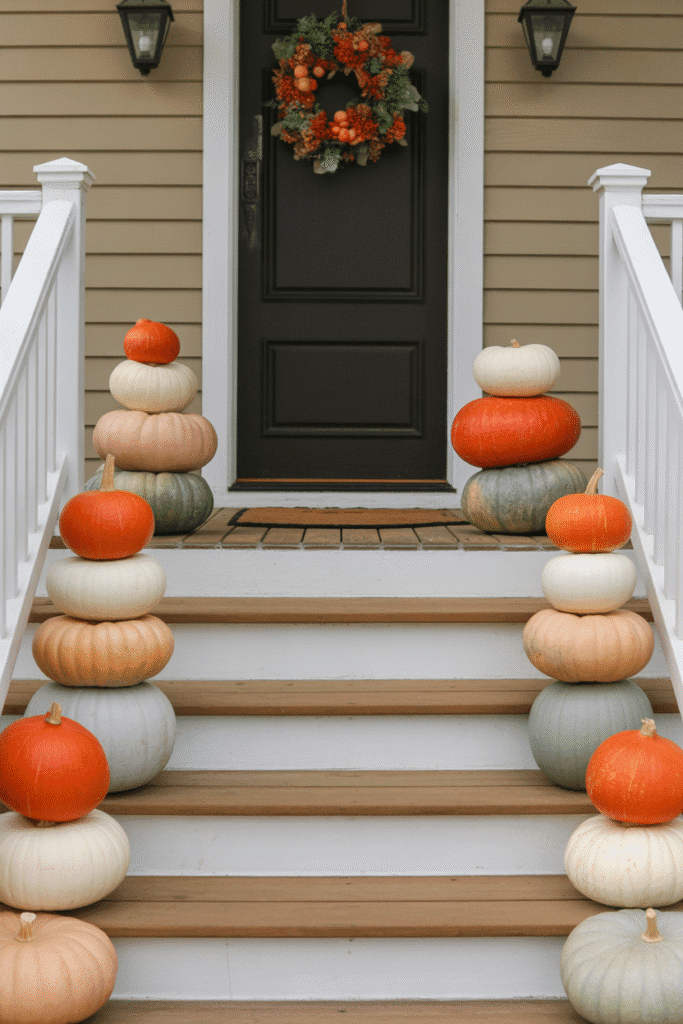 Pumpkin towers in varied colors add festive and playful charm.