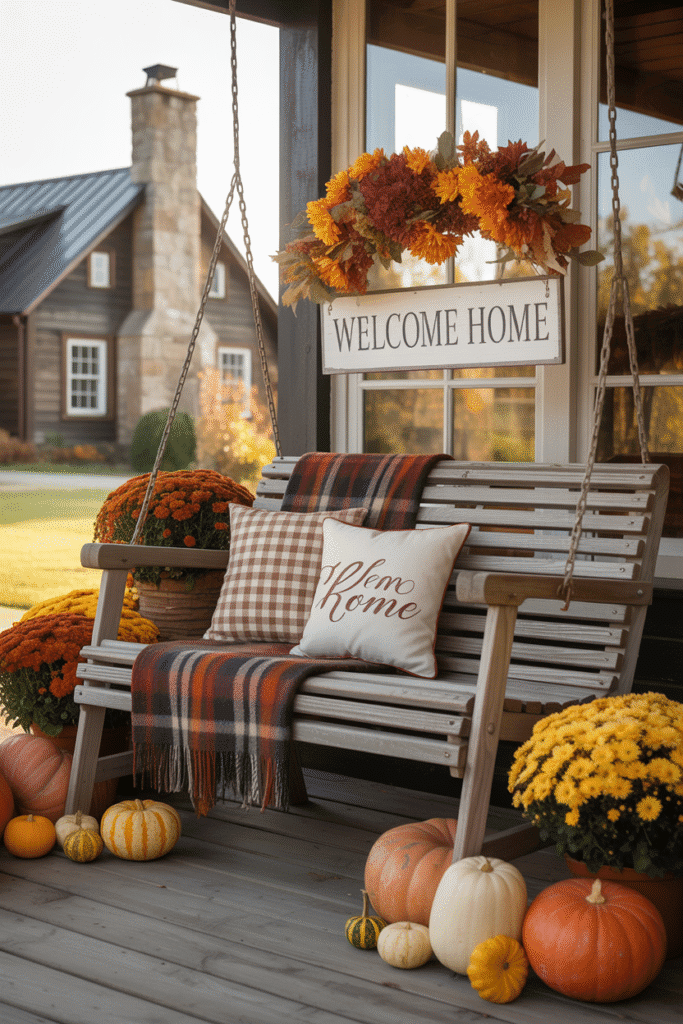 Throw pillows and blankets make porch seating warm and inviting for fall.