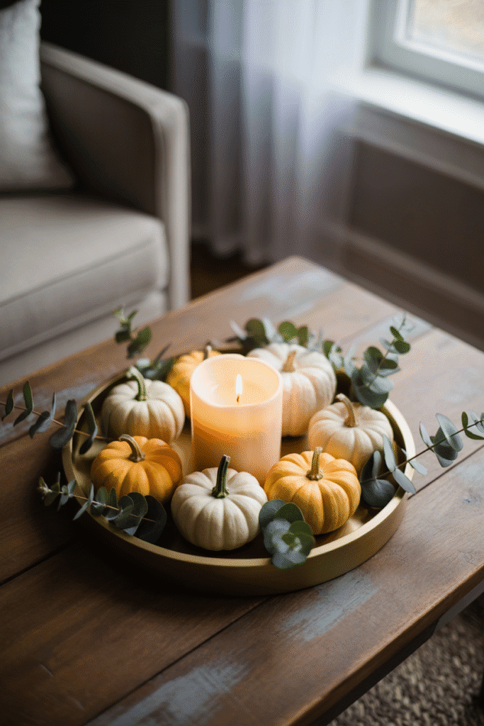 As a part of fall tray decor ideas this picture shows a neutral fall tray decor with soft pumpkins and eucalyptus on a wooden tray.

