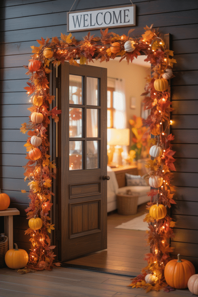 Fall garland over the entryway frames the porch with warmth and color.