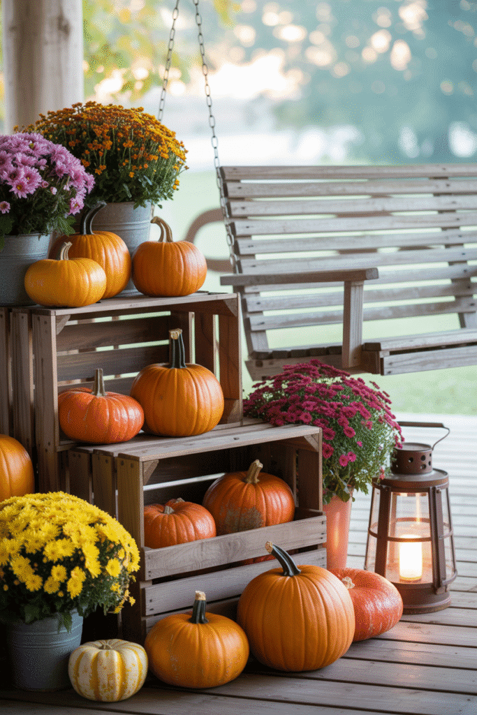 Crates add rustic charm and help layer fall porch decor.