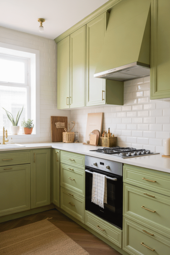 Sage green cabinets paired with brass hardware and white countertops create a soft, earthy kitchen design.

