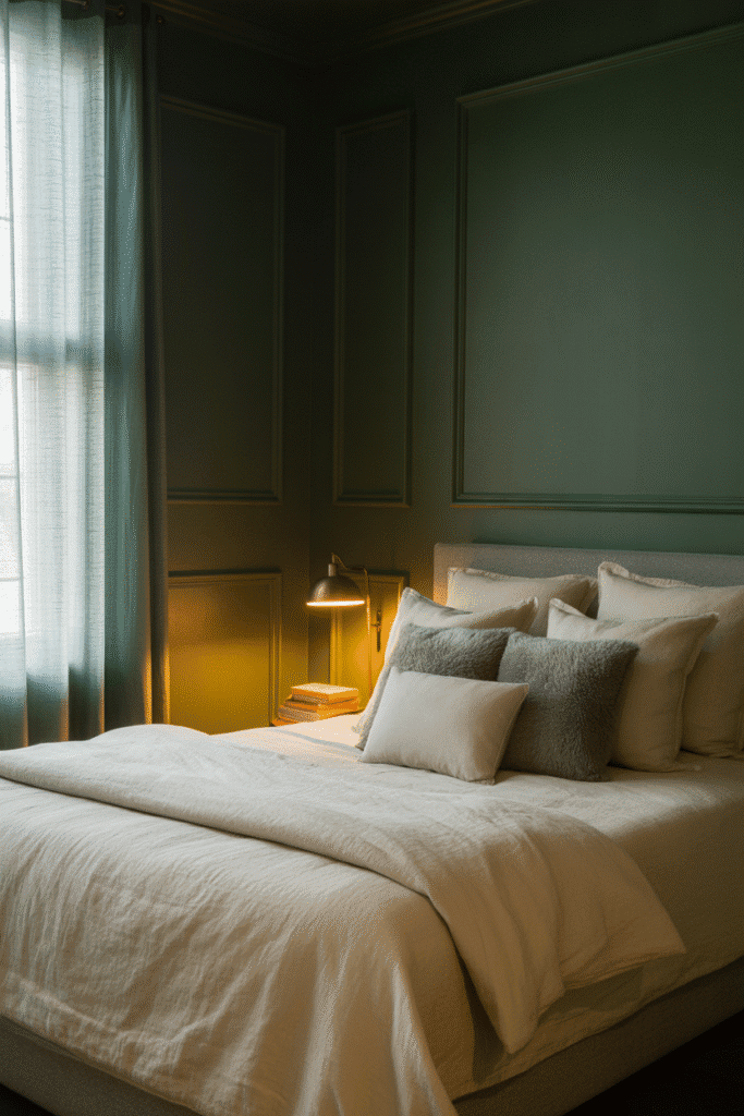 As a part of moody dark green bedroom ideas this picture shows all-over dark green paint on walls, ceiling, and trim creates a bold, cocoon-like bedroom atmosphere.