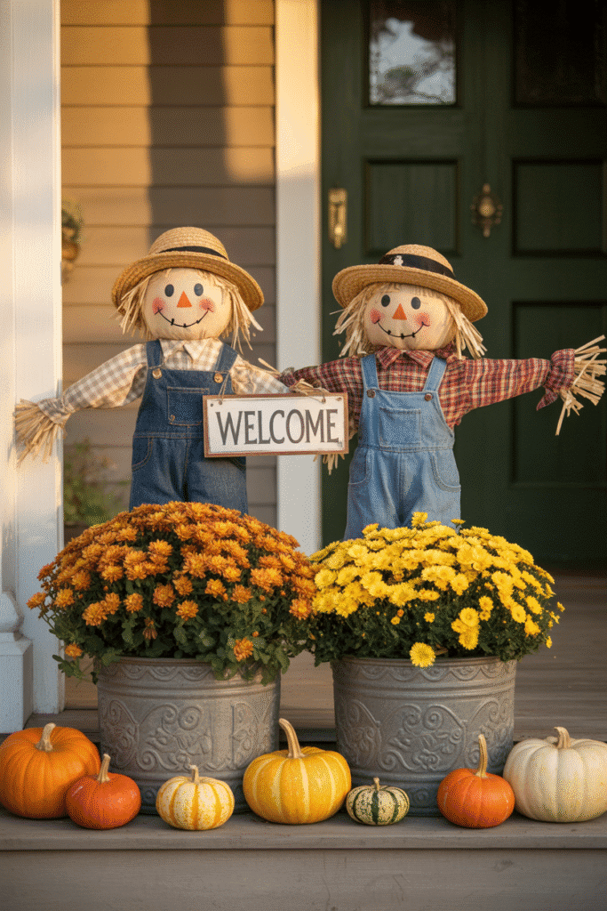 Mini scarecrows add a whimsical, playful vibe to fall displays.