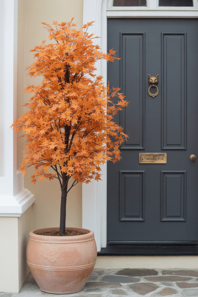 A faux tree brings color, drama, and height to fall porch decor.