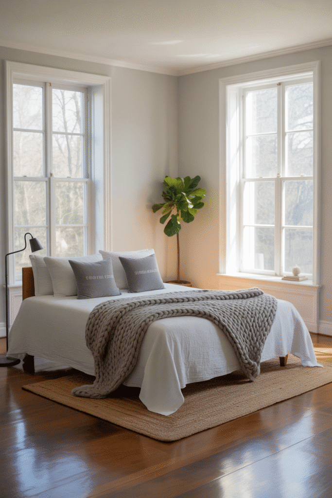 Floating bed placed between two facing windows for a breezy and open room feel.