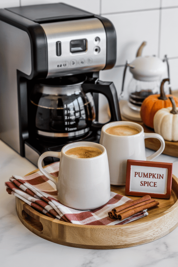 Cozy fall coffee tray with seasonal mugs, napkins, and autumn accents.

