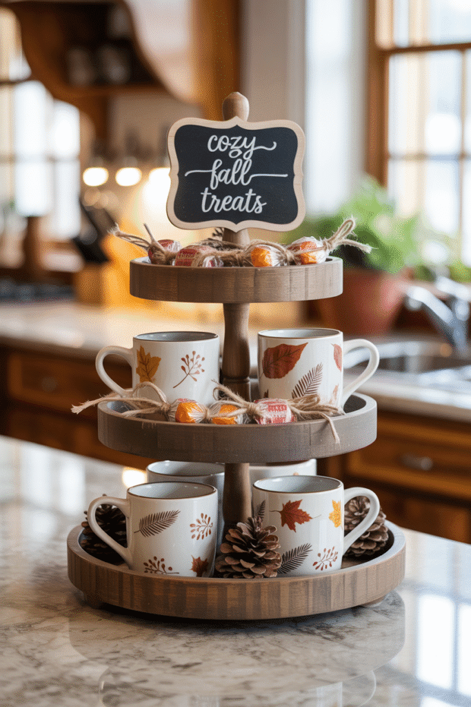 Tiered fall tray decorated with mugs, sweets, and rustic fall decor.

