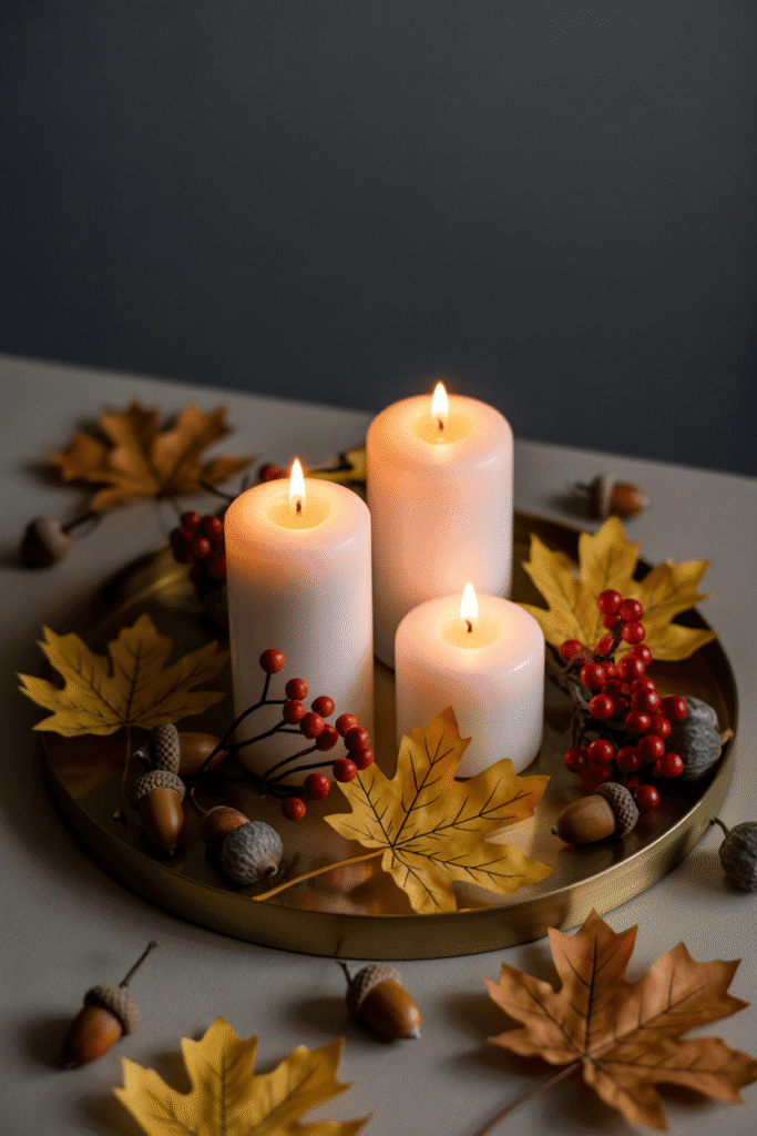 Fall centerpiece tray with glowing candles and natural seasonal elements.

